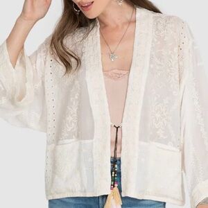 Johnny Was Womens Sz L Ivory Off White Embroidered Eyelet Kimono Jacket